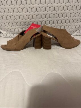 Tan Suede Open-Toe Block Heels